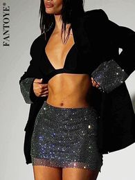 Vestido de dos piezas Fantoye, conjunto de chaqueta brillante con diamantes brillantes para mujer, falda de rejilla de doble capa, trajes de noche para discoteca a la moda para mujer 230228