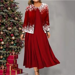 Robe de deux pièces Mode Noël Ensembles Flocon de neige Impression à manches longues Cardigan Manteaux Casual Lâche Aline Costume Élégant 231218