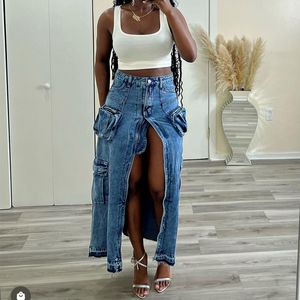 Robe de deux pièces Mode Denim Cargo Jupe Femmes Multi Poches Vintage Taille Haute Jean Jupes 2023 Automne Y2K Vêtements Steetwear Robes Bas 230920