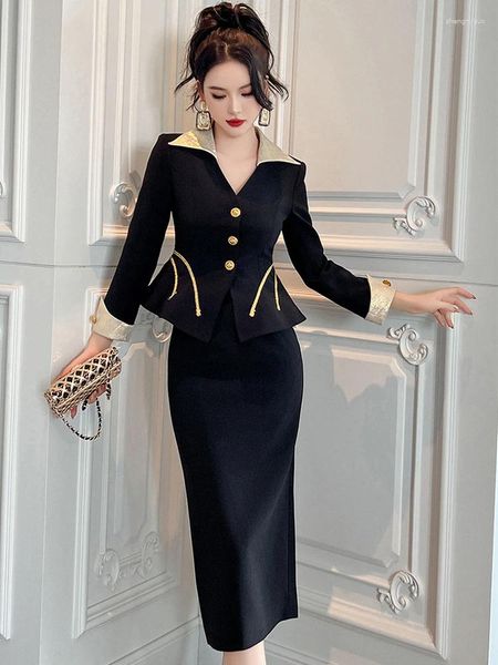 Robe de deux pièces Mode élégant 2 pièces ensembles femmes noir or contraste costume veste OL manteau fendu jupe midi bureau dame tenues d'affaires