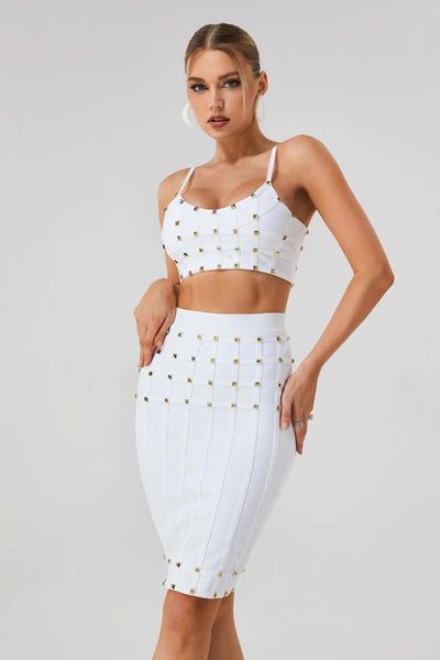 Robe de deux pièces Mode élégante de haute qualité rivetée sexy bandage serré haut court avec jupe ensemble 2 ensembles femmes tenue fête d'anniversaire