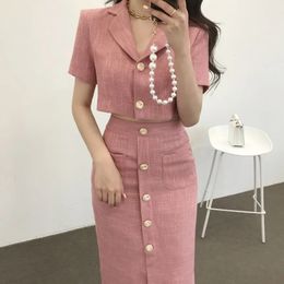 Tweedelige jurk mode Korea elegante revers dunne tweed klein pak korte jas hoge taille chic knop slanke dames tweedelige roksets zomer 231212