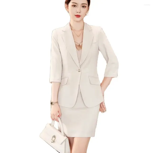 Robe de deux pièces Mode Dames Blazer Femmes Costumes d'affaires 2 jupe et haut ensemble veste à manches mi-longues style uniforme de bureau de travail