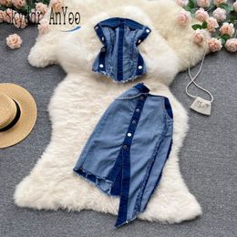 Deux pièces robe mode deux pièces ensemble femmes Denim tube haut 2 pièces ensembles tenues sexy pour femme taille haute moulante jupes femme ensemble 230608