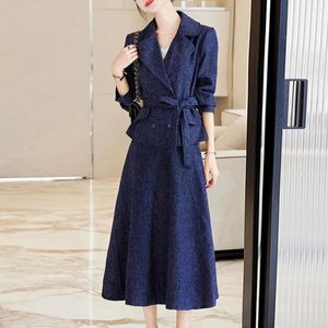 Tweede stuk jurk Fashion Women Autumn Office Outfit Vintage Lady Double Breasted Short Blazer jas Pak Jacket High Taille Midi Rok 2 Sets