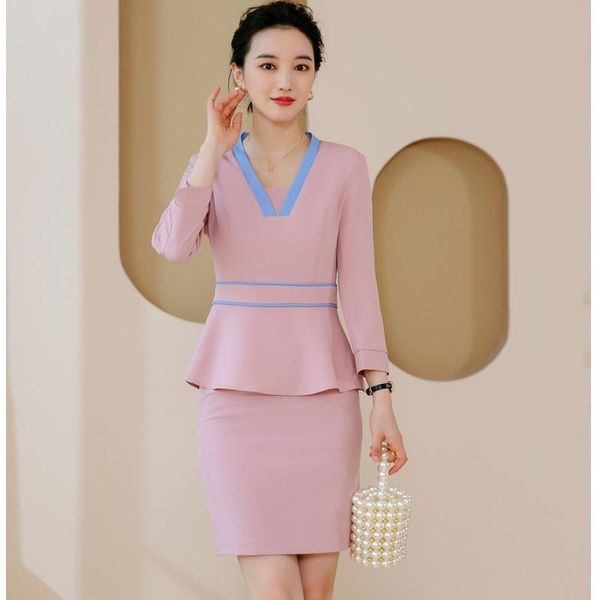Vestido de dos piezas Moda Mujer Trajes de falda Blazer rosa y conjuntos de chaqueta Damas Trabajo Oficina de negocios Uniforme EstilosTwo
