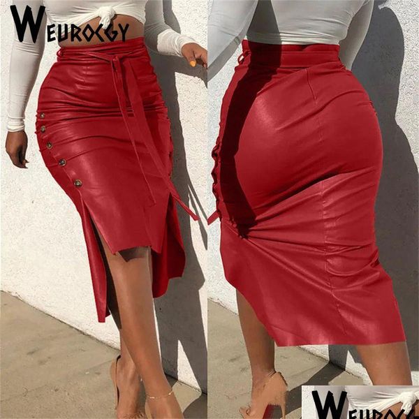 Robe de deux pièces Mode Femmes Couleur Solide Taille haute PU Cuir Midi Jupe à lacets Bouton latéral Slim Crayon Skinny pour dames Streetw Dhxhe