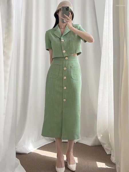 Robe Deux Pièces À La Mode Élégant Revers Mince Tweed Vert Petit Costume Veste Courte Taille Haute Chic Bouton Jupe Mince Ensemble Deux Pièces Y426