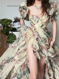 Robe deux pièces imprimé floral robe de soirée femmes 2023 manches bouffantes élégante princesse longue robe dames France vintage robe fourche ouverte étéL2402
