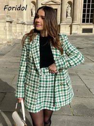 Tweedelige jurk Foridol Double Breasted Tweed blazer jas rok set Winter dikke Pocktes riem herfst groen gingham gebreide vintage jas 231212