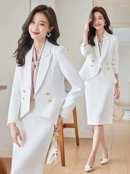 Vestido de dos piezas Formal elegante mujer falda traje 2 de gama alta blanco rosa doble botonadura oficina dama chaqueta delgada blazer conjunto ropa de negocios