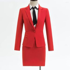 Vestido de dos piezas Damas formales Blazer rojo Trajes de negocios para mujeres con conjuntos Ropa de trabajo Uniforme de oficina Azul oscuro Chaqueta de falda de gran tamaño de 2 piezas