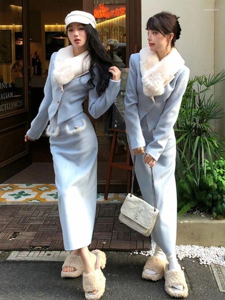 Robe de deux pièces Français Mode Bureau Dames Jupe Bleue Costumes 2 Pièces Ensemble Pour Femmes À Manches Longues Simple Boutonnage Court Blazer Poche Midi