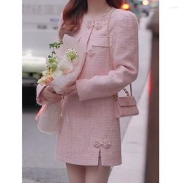 Vestido de dos piezas Traje de mujer de estilo francés Conjunto de falda Fragancia Primavera y otoño Traje Abrigo Rosa Dulce Chaqueta de niña de dos piezas