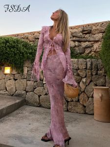 Robe Deux Pièces FSDA Imprimer Y2K Maille À Manches Longues Top Chemises Vert Et Maxi Jupe Moulante Sexy Deux Pièces Ensembles Plage Tenues Femmes Club 230130