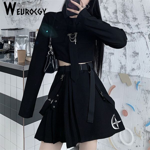 Robe deux pièces gothique Cargo chemise costume Egirl Punk chaîne ruban jupes Goth ensembles automne Streetwear Harajuku noir Grunge vêtements esthétiques 230830