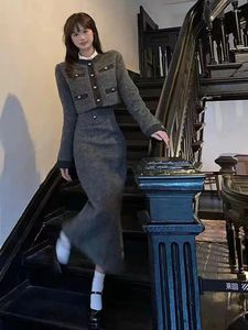 Robe de deux pièces gris laine épissé sergé tweed veste de costume pour femme jupe ensemble cravate fille manteau court haut taille haute longue deux pièces