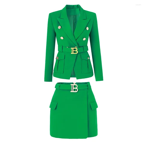 Robe de deux pièces vert bureau dame poche blazer jupe 2 pièces ensemble avec ceinture élégante couleur unie affaires mode femmes costume