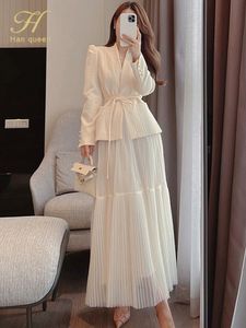 Tweede stuk jurk H Han Queen herfstrok Pak vrouwen elegante Koreaanse kant -up mode blazer lang mesh casual avondfeest 2 -koppig set 230222