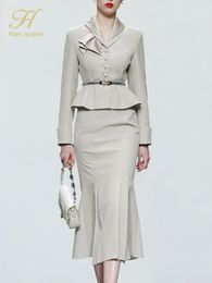Tweedelige jurk H Han Queen Dames Herfst Casual 2-delige set Single-Breasted Tops Eenvoudige zeemeerminrok Koreaans beroep Rokpak 230926