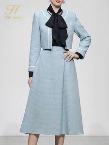 Tweede stuk jurk H Han Queen Women Autumn Winter Office Casual 2 stuks Set Tweed Top Coat Mid Calf A Line Rok Koreaans Simple Suit 221122