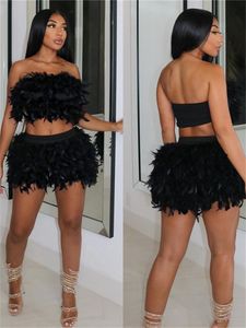 Tweedelige kleding Habbris Autumn Sexy Feather 2 Sets Club Outfit voor dames strapless crop top en rok vrouwelijk matching 230419