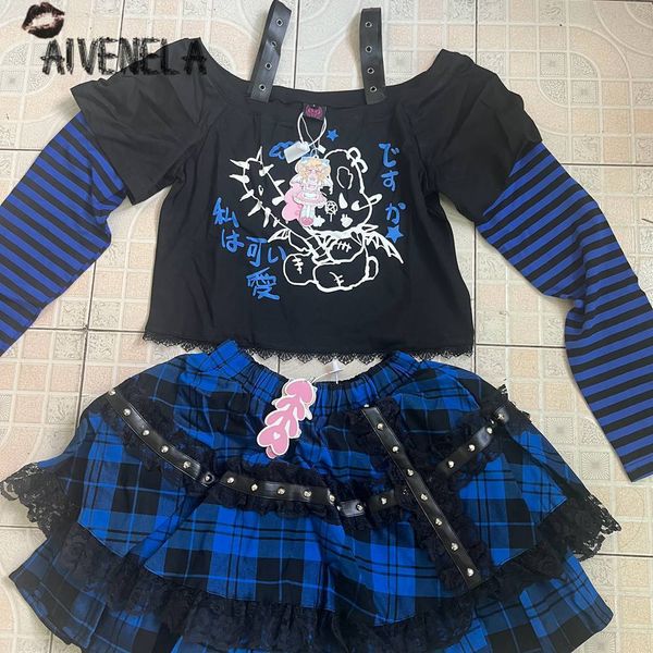Trazo de dos piezas Harajuku Gothic Girl Traje de pastel cuadrado Camisetas de la camisa Tops Topos Punk Conjuntos femeninos AFC1838 230306