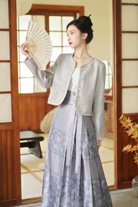 Robe de deux pièces haut de gamme sens style chinois gris costume veste jupe ensemble printemps et automne manteau long cheval-face deux pièces