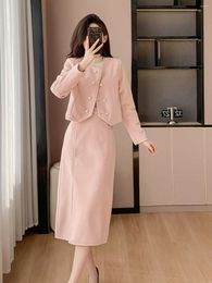 Tweedelige jurk hoogwaardige roze elegante dames colbert rok 2024 herfst en winter wollen jas in Franse stijl top tweedelige set