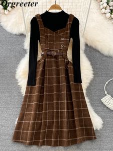 Tweede stuk jurk hoogwaardige herfst winter dames trui overalls sets casual gebreide tops plaid wollen 2 outfits vrouwelijk 230331