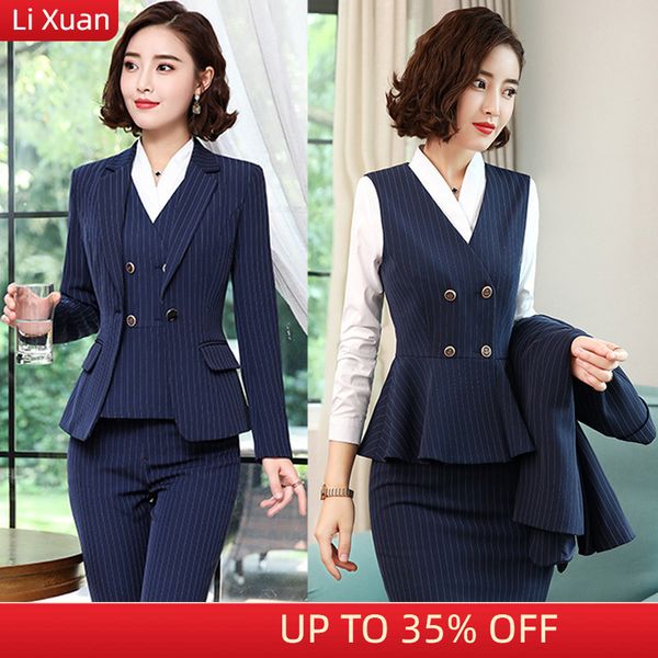 Vestido de dos piezas de alta calidad Coreano Primavera Moda Blazer a rayas Chaqueta Pantalones Traje Mujeres Oficina Oficina Damas Negocios Ropa de trabajo Conjunto formal 230925