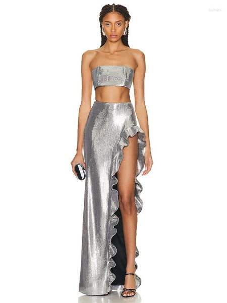 Robe de deux pièces de haute qualité Designer de luxe Sexy Femmes Sequins Set 2 pièces Set Court Top Side Split Split Long Jupe Birthday Soil Party