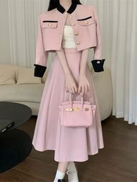 Tweedelige jurk van hoge kwaliteit kleine geur tweedelige set dames korte jas jas lange rok past Koreaanse elegante mode OL 2 delige sets 231007