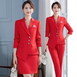 Vestido de dos piezas de alta calidad Primavera Otoño Formal para mujer Blazer rojo Mujeres Trajes de negocios Ropa de trabajo Uniforme de oficina Conjunto de chaqueta de falda de 2 piezas 5XL 230324
