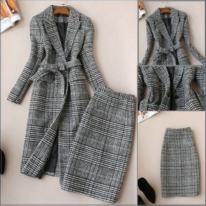 Robe de deux pièces de haute qualité d'hiver costumes pour femmes jupe ensemble nouveau tempérament mince laine longue dames manteau veste jupe mince deux pièces 201130