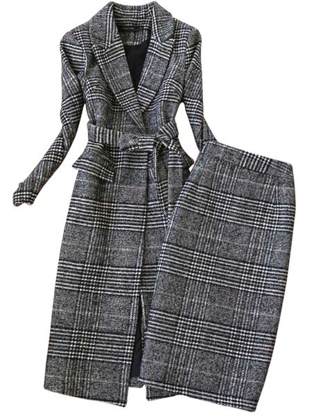 Robe de deux pièces de haute qualité hiver femmes costumes jupe ensemble 2023 tempérament mince laine longue dames manteau veste deux pièces 230822