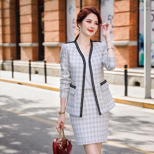 Deux pièces robe haute qualité femmes jupe costumes automne et hiver élégant laine à carreaux dames veste coupe ajustée tenue d'affaires Female1