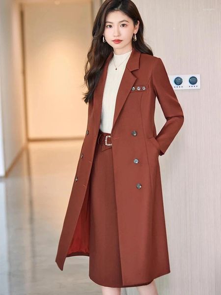 Robe de deux pièces de haute qualité femmes jupe costume noir rouge café bureau dames formelle affaires vintage trench blazer 2 ensemble pour l'automne hiver