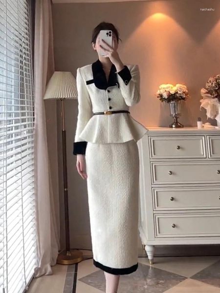 Robe de deux pièces High Sense élégant blanc costume veste jupe jupe automne et hiver manteau long socialite haut de gamme laine deux pièces ensemble