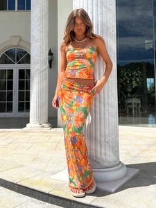 Robe de deux pièces hirigin femmes été tenues sexy coloré floral Y2K sans manches mince bandeau hauts et décontracté élastique longue jupe ensemble clubwear 230630