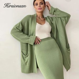 Hirsionsan doux Vintage à lacets femmes costumes 2 pièces ensembles féminins avec ceinture col en V Cardigan robe Midi dames tricoté survêtement 231114