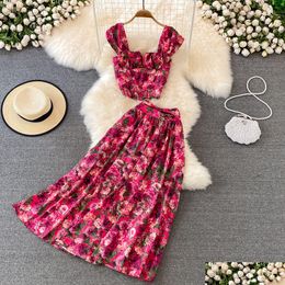 Two-Pied Robe Holiday Women Jirts sets Summer Matching Floral Tops High Waist Maxi Suit Beach Y Tenues 230509 Drop Livrot Dhnch