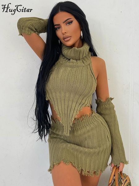 Robe Deux Pièces Hugcitar Col Roulé Côtelé Dos Nu Irrégulier Avec Des Gants Crop Pull Top Jupe 2 Pcs Ensemble Automne Femmes Vacances Rave Party 230515