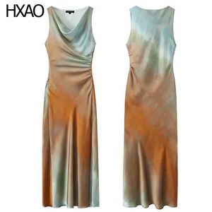Tweedelige kleding HXAO Satin geprinte jurk voor dames zomer 2024 Tie kleurstof mouwloze luxe elegante avond geplooid Q240511