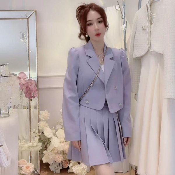 Robe de deux pièces Insozkdg 2023 Automne Blazer Top Plissé Femmes Casual Violet Costume Manteau Mini Jupe Ensemble Coréen Vêtements élégants