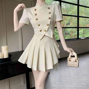 Robe Deux Pièces Insozkdg Français Vintage Noir Petit Parfum 2 Ensemble Femmes Vestidos À Manches Courtes Veste Manteau Taille Haute Jupe Plissée Costume