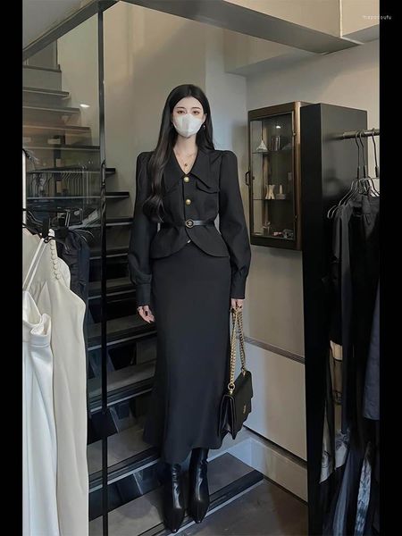 Robe de deux pièces Insozkdg Jupe Ensembles Noir Manches longues Tops Fishtail 2 Femmes Outifits Solide Français Luxe Mode Automne Vêtements