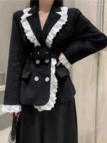 Robe de deux pièces Insozkdg Vintage 2pcs ensemble coréen rétro hit couleur volant épissé ceinture blazer veste manteau jupe longue femmes costumes harajuku