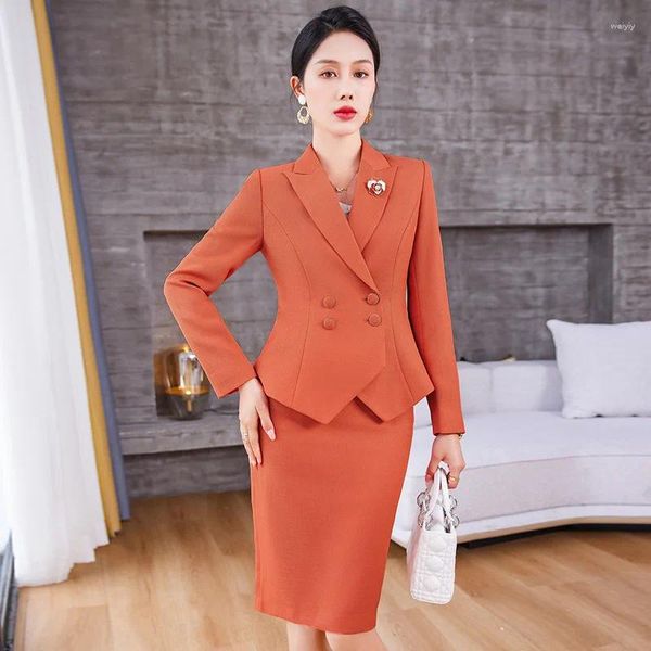 Vestido de dos piezas IZICFLY Otoño Invierno Estilo Oficina Naranja Elegante Mujer Trajes de negocios con falda y blazers Traje coreano Conjunto Ropa de trabajo