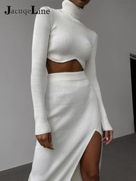 Robe de deux pièces Jacuqeline automne hiver sexy tricoté costume femmes pull à col roulé hauts et taille haute jupes longues fête survêtement élégant 230310